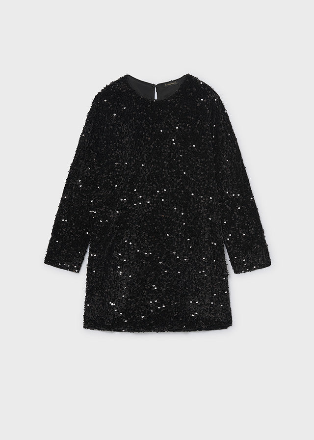 black velvet dress with sequins Mayoral Girls Sequinned Velour Girls Kids 8 year By Childrensalon Size:UK 10 (In-Rental) This Black Velvet Off Black Satin Strapless Pockets colour: black-long-sleeve-wrap-midi-dress