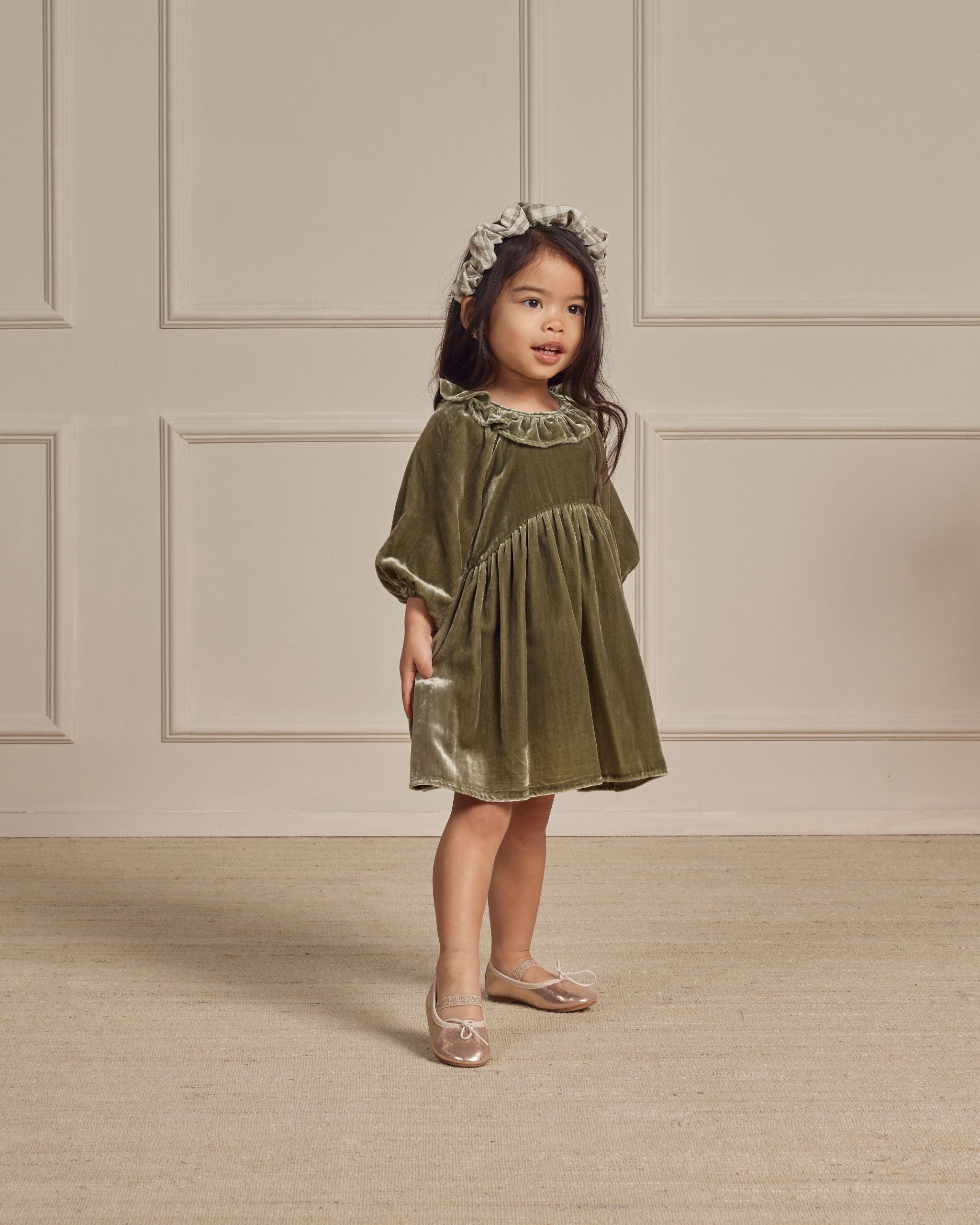 Adeline Dress in Pine - Sophisticated Corduroy Dress with Ruffle