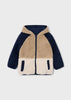Kids reversible sherpa hooded jacket in navy, tan, and cream colorblock design