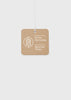 Kraft paper hangtag indicating contains recycled fibers with thread spool icon