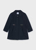 Mayoral girls navy wool coat with collar, single button, and gold horsebit pocket hardware