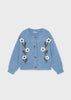 Mayoral girls blue knit cardigan with 3D white floral appliqué and button front