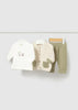 Mayoral newborn 3-piece set: cream top, beige knit cardigan, sage green knit pants
