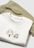 Mayoral newborn white tee with farm embroidery and sage green ribbed pants set