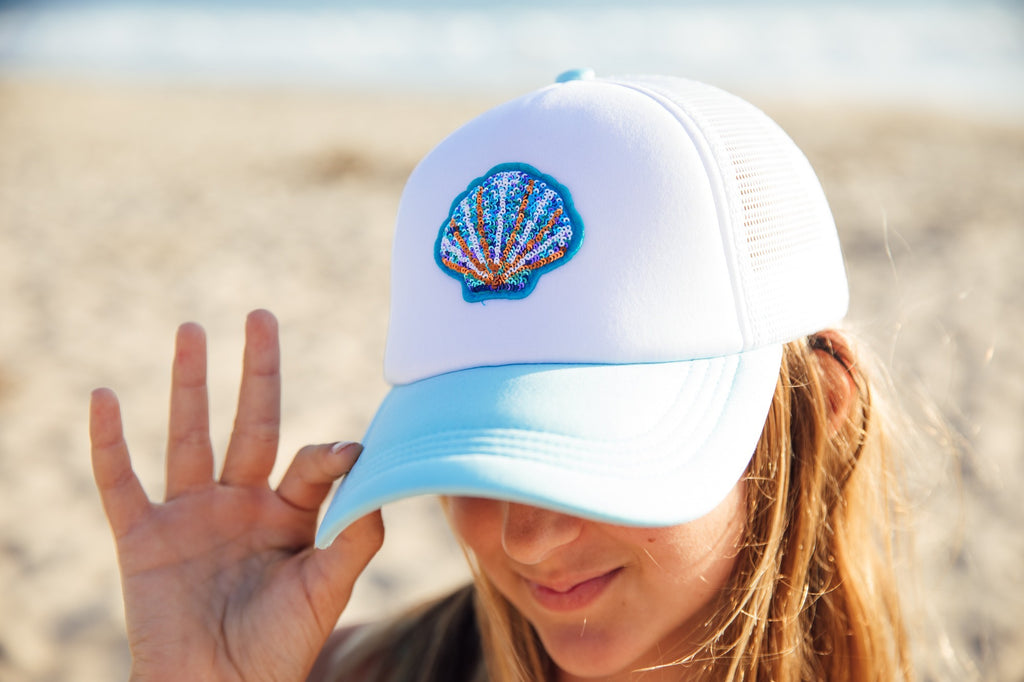 Blue and White Trucker Hat with Sequin Shell and Patches Feather 4 Arrow Sequin Shell Trucker Hat – Lively Kids main image 3